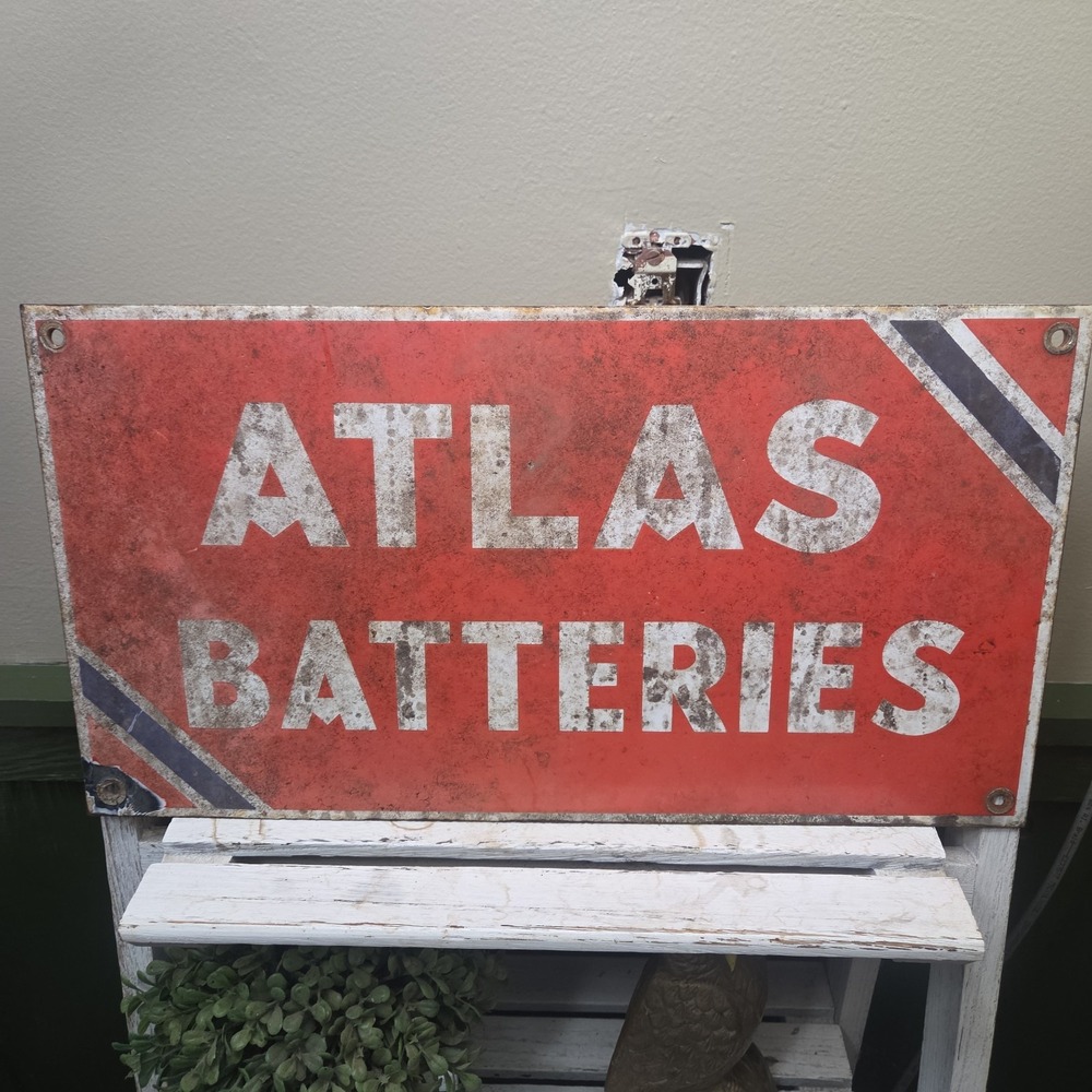 Vintage Metal Sign | ATLAS Batteries SUPPLY CO | Red White Auto Gas Advertising